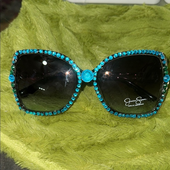 Jessica Simpson Oversized Handmade Bejeweled Blue/Green Gemstone Sunglasses - Picture 1 of 7